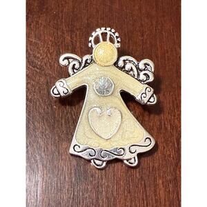 Holiday Winged Angel Halo Enamel Rhinestone Silver Tone Brooch Pin